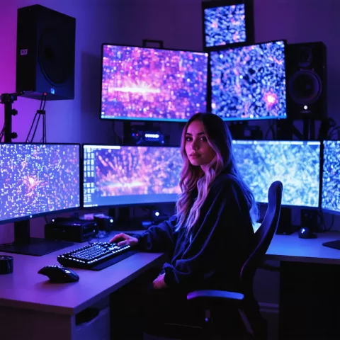 Eva Patel sitting at her desk in her studio
